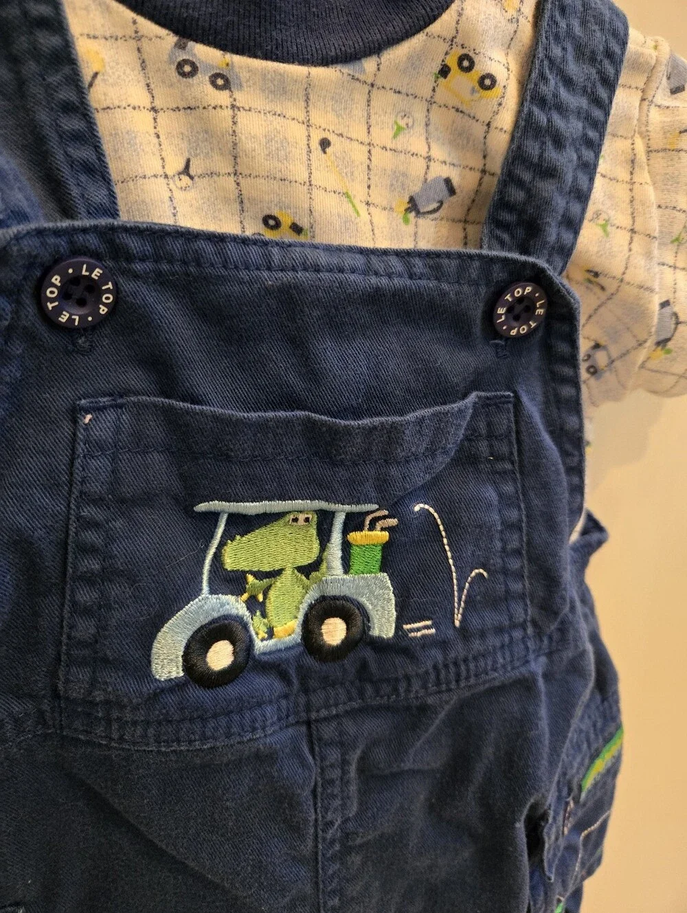 Vintage Y2k Le Top Navy Tractor Embroidered Overalls Shorts 2pc Set